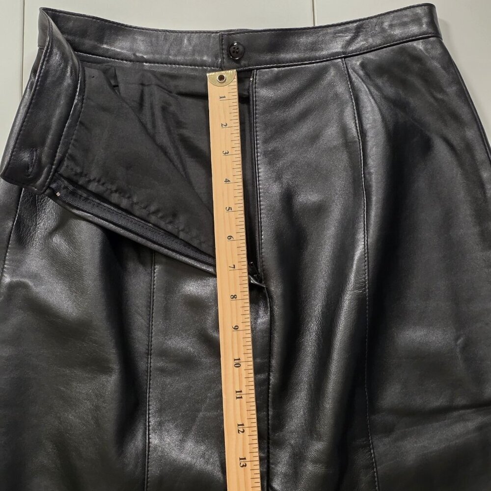 Liz Harbosin Black Leather Skirt 12 VTG Midi Lined Back Zip Slit Canada Bossy - Picture 9 of 16